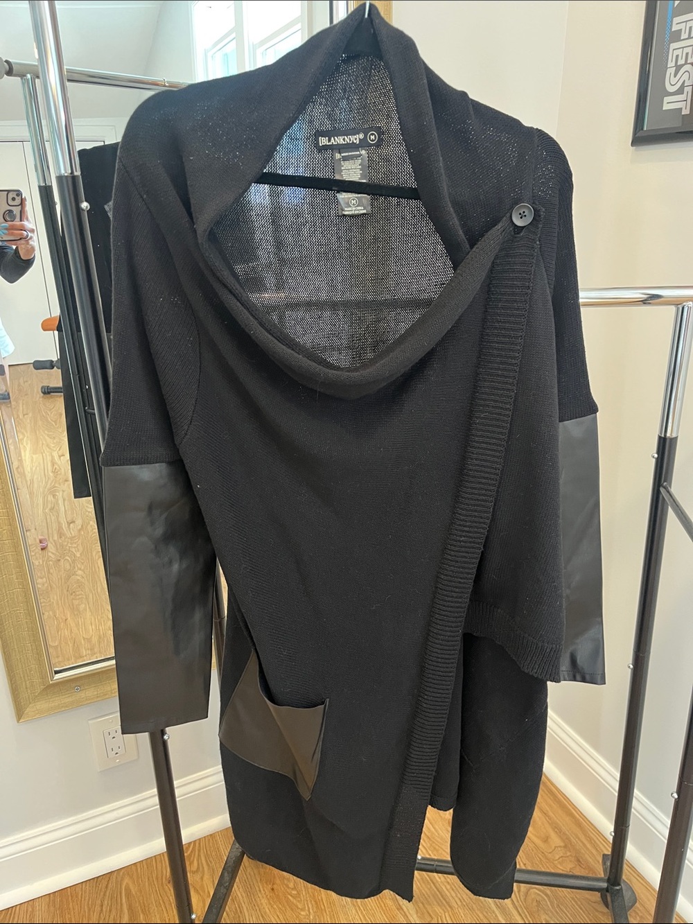 Blank NYC Black Draped Knit Cardigan with Faux Leather Accents